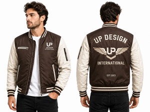 Veste bomber varsity marron crème personnalisée, veste en satin pour homme, col côtelé, doublure matelassée, logo brodé - Product Image 3