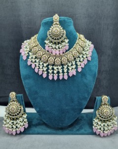Handcrafted Round Stone Heavy Choker Necklace With Earrings And Mangtika Traditional Ethnic Designer Fashion Jewellery Wholesale - Product Image 2