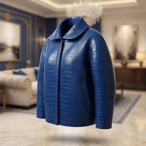 Chaqueta de Mujer con Cuello Chal en Cuero Sintético Azul Repujado, Elegante, Manga Larga, Largo Regular, Abrigo de Invierno - Product Image 2