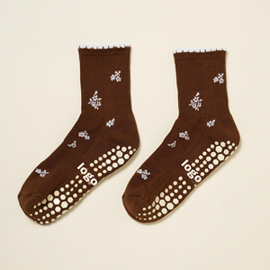 Custom Logo <b>Brown</b> Christmas Snowflake Non-Slip Yoga <b>Socks</b> Ankle Length Cotton Bamboo Fiber Anti-Slip Bottom Logo - Product Image 1