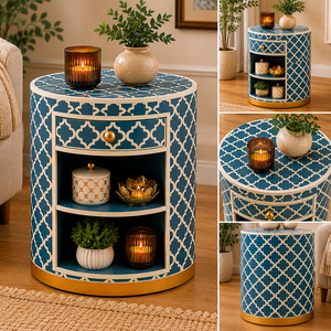 Elegant Blue Resin Bone Inlay Nightstand With Drawer Shelf Luxury Cabinet <b>Bedside</b> End <b>Table</b> For Bedroom Hotel Chic Home Interior - Product Image 3