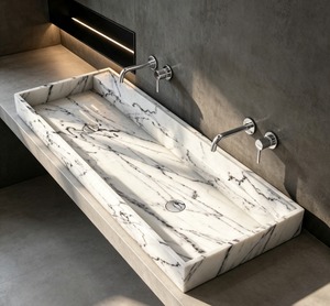 Lavabo mural double vasque moderne en marbre de Carrare avec finition polie et drain intégré - Product Image 1