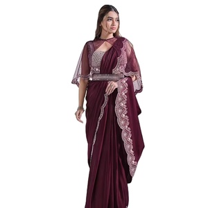 Prêt à Porter Collection Saree en Crêpe Satin de Soie avec Séquence et Miroir Moti Travail Nouveaux Vêtements Indiens et Pakistanais - Product Image 1