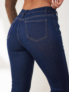 High Waist Flare Denim <b>Jeans</b> Women Dark Blue Full Length Casual Autumn Wear 100% Cotton <b>Button</b> Front Style - Product Image 3