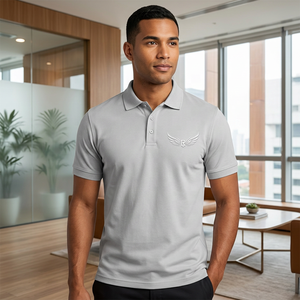 Polo en coton à manches courtes gris pour homme avec logo brodé en forme d'aile, style décontracté, coupe classique - Product Image 5