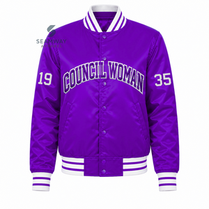 Chaqueta Universitaria Morada de Satén para Mujer NCNW con Botones a Presión, Letras Griegas Bordadas, Cuello y Puños de Punto a Rayas, Ropa Universitaria - Product Image 1