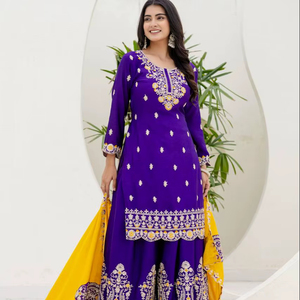 Women's Modern Chinon <b>Silk</b> Embroidered <b>Kurta</b> Set with Dupatta for Wedding Occasions Quick Dry Regular Fit - Product Image 1