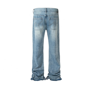 Jean en denim déchiré coupe droite taille mi-haute ample longueur pleine délavage vintage décontracté pour femme bleu clair en coton - Product Image 2