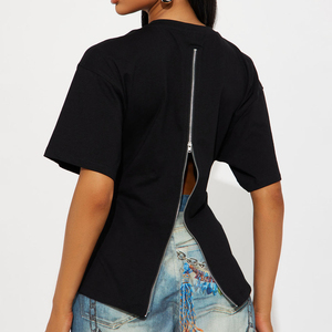 2026 New Sexy Summer Jersey Black Crew Neck Skinny Fit T-shirt With Back Zipper Breathable 100% Cotton Short Sleeve Women's Tees - Product Image 2