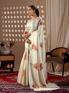 Wholesale Elegant Cream Ivory <b>Saree</b> Luxury Soft Satin Silk <b>Red</b> Floral Printed Indian Traditional Wear Women Party Sari Contrast - Product Image 3