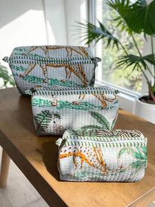 Elegant Jungle Print 3 Piece Cosmetic Pouch Set <b>Quilted</b> Cotton <b>Makeup</b> <b>Bags</b> for Women Travel Vanity Toiletry Storage Organizer - Product Image 6