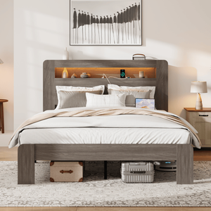 Letto matrimoniale in legno stile giapponese con contenitore e testiera illuminata a LED (2 USB, silenzioso, non richiede rete a molle) - Product Image 5
