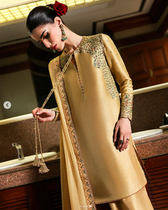 Sari/Saree/Shari de Seda Dorada Bordada SADIA AUN HUTE COUTURE, Traje Tradicional de Boda para Mujer, Largo hasta el Suelo, India, Pakistán - Product Image 4