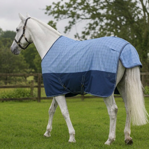 Couverture d'extérieur hybride de luxe pour chevaux, 1200 deniers Oxford, protection hivernale, bleu clair à carreaux Gingham, bas bleu uni - Product Image 3