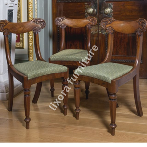 Luxury Handcrafted Solid Wood Dining Chairs <b>Set</b> Regency Style Scroll Carving Green Patterned Seat - Product Image 3