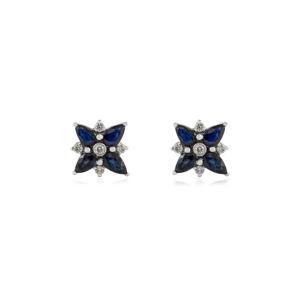 Nouveautés personnalisées : Boucles d'oreilles clous fleur en saphir bleu et diamant, or blanc 14 carats véritable, bijoux de soirée - Product Image 1