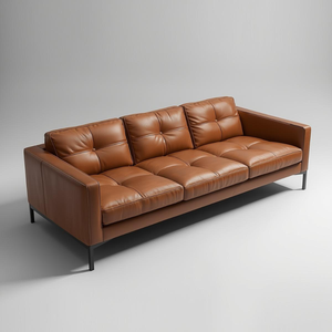 Sofá de Cuero Genuino de Vaca Estilo Moderno de Mediados de Siglo, 3 Plazas, Sofá de Cuero Marrón con Estructura de Madera para Muebles de Sala de Estar - Product Image 2