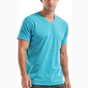 T-shirt basique décontracté pour homme, col en V, couleur cyan turquoise chiné, coupe ajustée, manches courtes, uni - Product Image 2