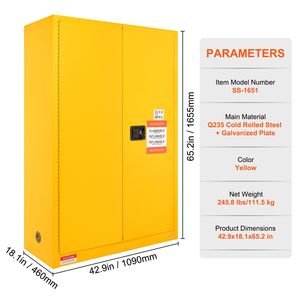 Armadio di Sicurezza per Liquidi Infiammabili in Acciaio Laminato a Freddo da 45 Galloni, 42.9 X 18.1 X 65.2, Attrezzatura Antideflagrante per Stoccaggio Chimico - Product Image 1
