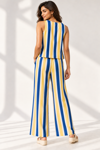 Conjunto coordinado de viscosa a rayas azules y amarillas para mujer – Top sin mangas y pantalones de pierna ancha, atuendo de verano y primavera - Product Image 3
