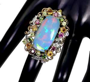 AAA White Baguette <b>Opal</b> Natural Multi Gemstone 925 Sterling <b>Silver</b> Gold/ big luxury cocktail <b>ring</b> - Product Image 5