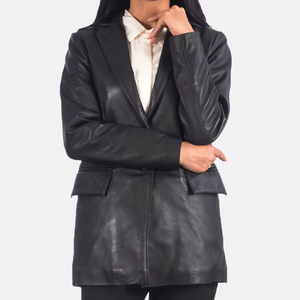 Blazer en cuir véritable pour femme, double boutonnage, manches longues, col ouvert, couleur unie, longueur normale, automne - Product Image 5