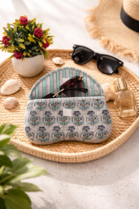 Blue Floral Quilted <b>Sunglasses</b> <b>Case</b> Soft Irregular Shape Fashionable Eyewear Pouch for Women 3-5.9in - Product Image 1