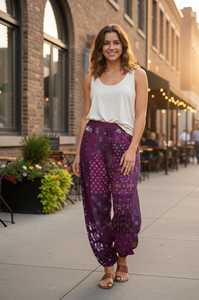 Pantalon Harem Unisexe Bohème Patchwork 100% Rayonne avec Cordon de Serrage Taille Mi-Haute Longueur Complète pour Yoga, Plage et Détente avec Poches - Product Image 2