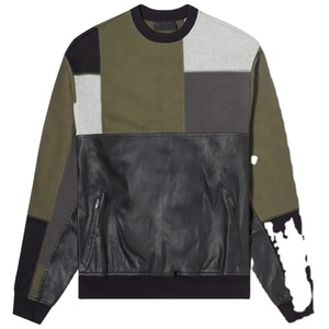 Custom Wholesale High Quality Crew Neck Color Block Patchwork Leather Sweatshirt Sweatsuit for <b>Men</b> <b>Green</b> Color - Product Image 3