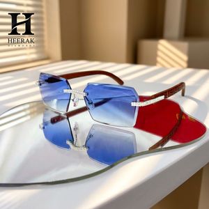 Luxury Rimless Cut Edge Diamond Sunglasses Men Women Patterned <b>Wood</b> <b>Temples</b> Blue Gradient Lens Eyewear - Product Image 2