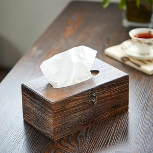 Boîte à mouchoirs rectangulaire décorative en bois avec couvercle à charnière, distributeur de serviettes de style antique - Product Image 6
