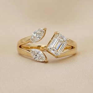 Unique Emerald & Marquise Cut Open Band Moissanite <b>Ring</b> For Women's Original <b>925</b> <b>Silver</b> Fine Rhodium Plated Wedding Promise Gift - Product Image 1