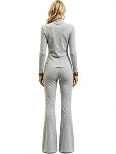 Women's 2 Piece <b>Long</b> <b>Set</b> Zip Up Stand Collar <b>Top</b> <b>And</b> Flare Pants Striped Casual Outfit - Product Image 4