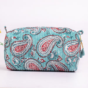 กระเป๋าเครื่องสำอางผ้าฝ้ายพิมพ์ลายบล็อกแบบซิป หรูหรา เป็นมิตรกับสิ่งแวดล้อม ขายส่ง สไตล์วินเทจ ใช้งานได้หลากหลาย เหมาะสำหรับการเดินทาง - Product Image 3
