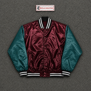 Veste universitaire en satin bordeaux et vert sarcelle foncé, veste bomber de baseball brillante de qualité supérieure avec manches contrastées rayées noir et blanc côtelées - Product Image 5
