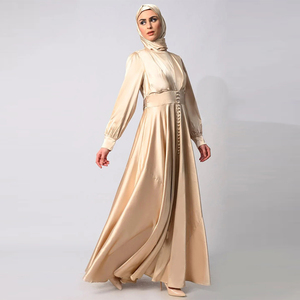 Robe Abaya élégante en soie à col haut et manches longues, longueur ras du sol, avec hijab assorti pour femme, style modeste pour mariage - Product Image 6