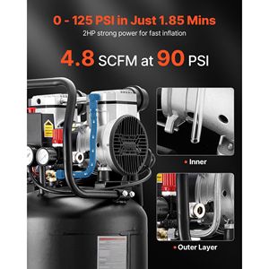 Compressore d'aria portatile da 10 galloni con 2HP, 4.8 SCFM, 90PSI, senza olio, pressione massima 125PSI, compressori per pneumatici con ruote portatili - Product Image 2