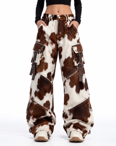 Brown <b>White</b> Cow Print Leather Straight Wide Leg Pants <b>Men</b> Winter Street Style <b>Cargo</b> <b>Trousers</b> - Product Image 1