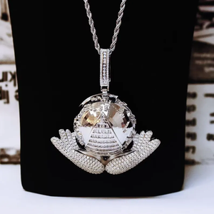 hip hop jewellery moissanite iced out <b>globe</b> pyramid pendant with hands luxury <b>world</b> symbol bling silver tone design - Product Image 2