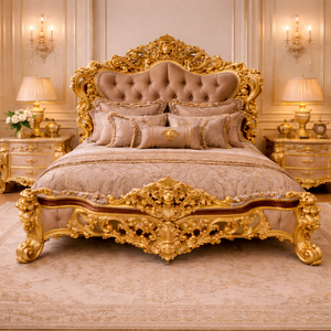 ชุดห้องนอนไม้สักสไตล์พระราชวังอินเดีย แกะสลักอย่างประณีต หรูหราด้วยสีทอง เตียงขนาดใหญ่พร้อมที่เก็บของ ดีไซน์โบราณแบบดั้งเดิม - Product Image 2