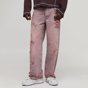 Jeans Rosa Desgastados de Pierna Recta con Efecto Stonewashed y Rasgados, Estilo Urbano, Corte Relajado, Cintura Media, Pantalón de Mezclilla Desgastado para Hombre - Nueva Colección 2026 - Product Image 1