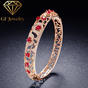 Victorian Openwork Hollow Bangle <b>Bracelet</b> lab Heart‑Cut <b>Ruby</b> With Pave Diamond Accents 18K Rose Gold Vintage Luxury Fine Jewelry - Product Image 1