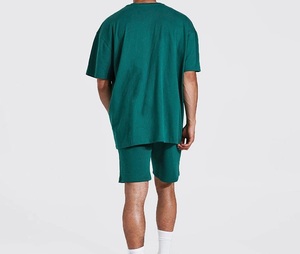 2026 New Design Men's Solid Green Crew Neck T-Shirt <b>Set</b> <b>Knitted</b> Cotton Breathable Casual Summer Shorts ODM OEM - Product Image 2