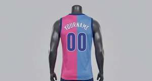 Maillot de basketball personnalisé en maille rose et bleu clair, à demi-épaules, avec bordure bleu roi, sans manches, color block, col rond, uniforme d'équipe - Product Image 4
