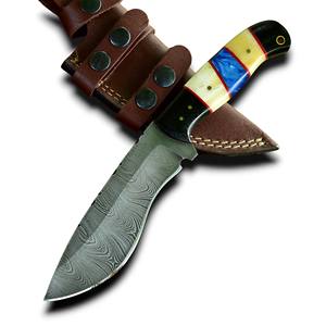 Couteau de chasse à lame fixe en acier Damas de haute qualité, personnalisé OEM ODM, avec étui en cuir, pour le camping, la pêche, EDC, vente en gros - Product Image 1