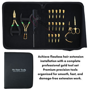 Kit d'outils tout-en-un pour extensions capillaires dorées avec pinces à micro-perles et à démonter, peigne à queue de cheveux, aiguilles à coudre et étui à outils de salon - Product Image 6