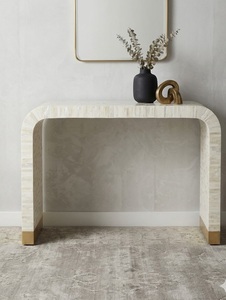 Mesa Consola Moderna con Incrustaciones de Hueso, Mesa de Entrada Blanca, Mesa de Sofá con Tapa de Madera Curvada, Muebles para Pasillo y Dormitorio - Product Image 1