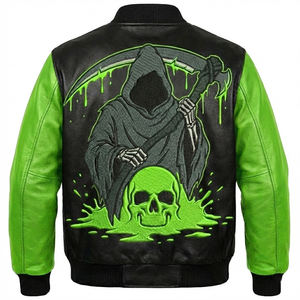 Chaqueta de Invierno Personalizada para Hombre, con Bordado de Calavera de Grim Reaper, Estilo Urbano, Negra y Verde, de Cuero Genuino, con Cuello Mao, Resistente al Viento - Product Image 1