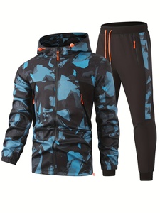Men's Hooded <b>Tracksuit</b> Full Sleeve <b>Camouflage</b> Print Sporty Quick Dry Polyester Autumn Wear With Side Pockets Zipper Fly - Product Image 1