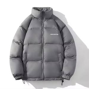 Men's Black Puffer Jacket Stand Collar Zipper Closure Windproof Thick Polyester Filling Solid Color Casual Winter Coat - Product Image 2